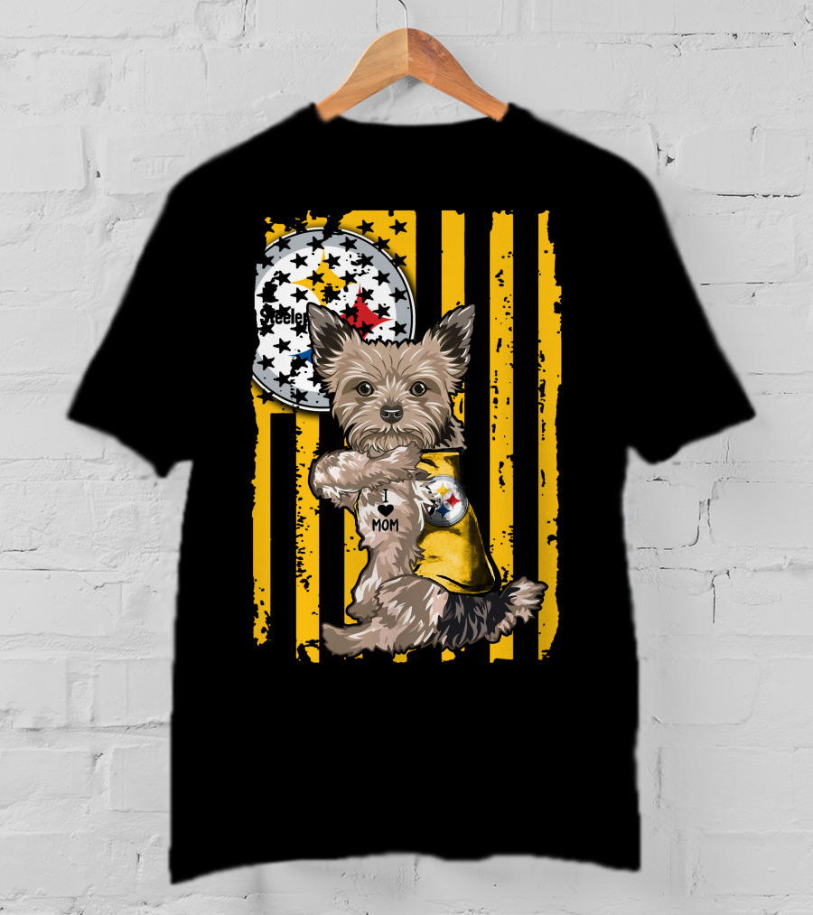 Yorkshire Terrier I Love Mom Pittsburgh Steelers Fan Stripes T-Shirt