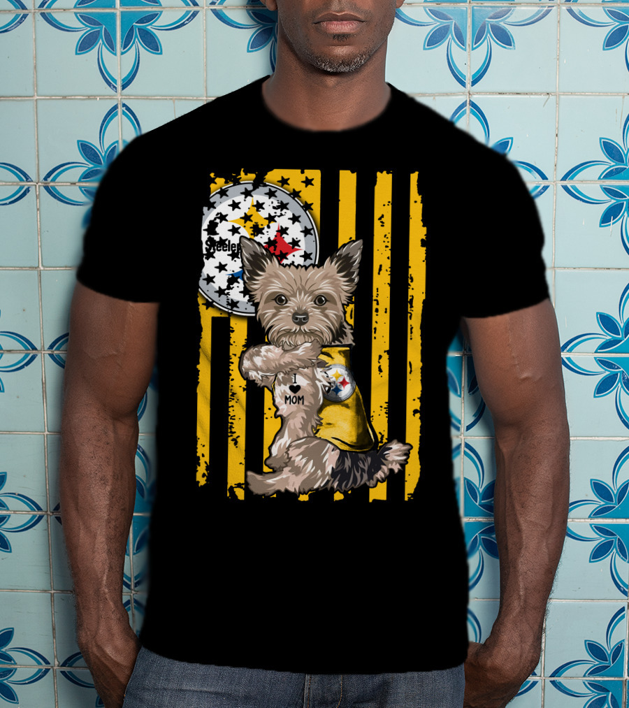 Yorkshire Terrier I Love Mom Pittsburgh Steelers Fan Stripes T-Shirt