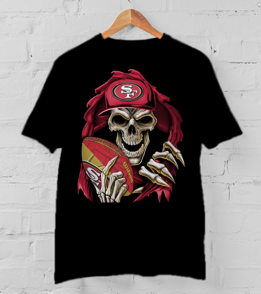 San Francisco 49ers Skull Holding Football With SF Cap T-Shirt