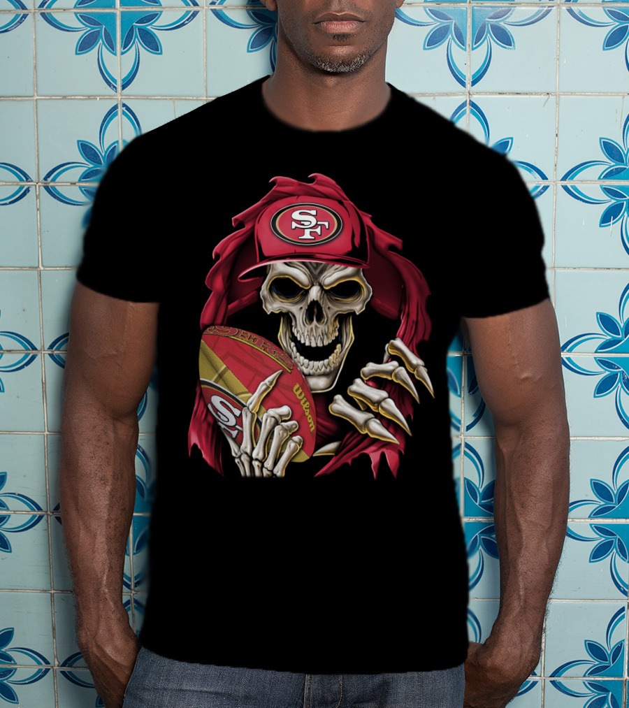 San Francisco 49ers Skull Holding Football With SF Cap T-Shirt