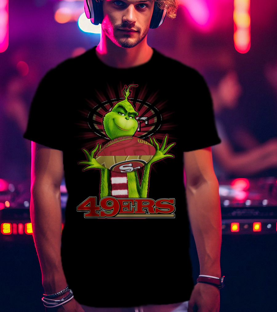 Grinch Holding Football San Francisco 49ers Logo 49ers T-Shirt