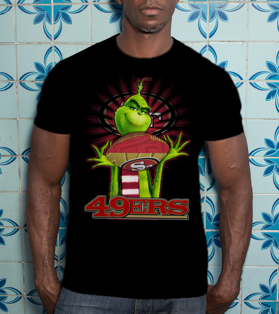 Grinch Holding Football San Francisco 49ers Logo 49ers T-Shirt