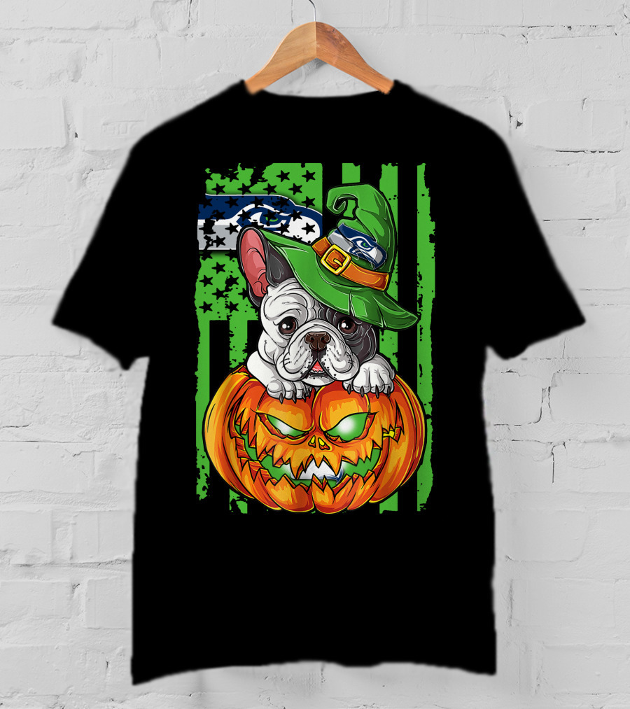 Hlw Bulldog Seattle Seahawks Halloween Pumpkin Wizard Hat T-Shirt