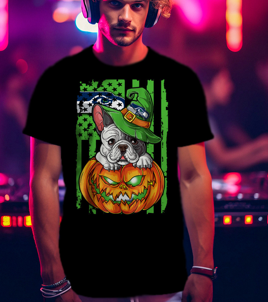 Hlw Bulldog Seattle Seahawks Halloween Pumpkin Wizard Hat T-Shirt
