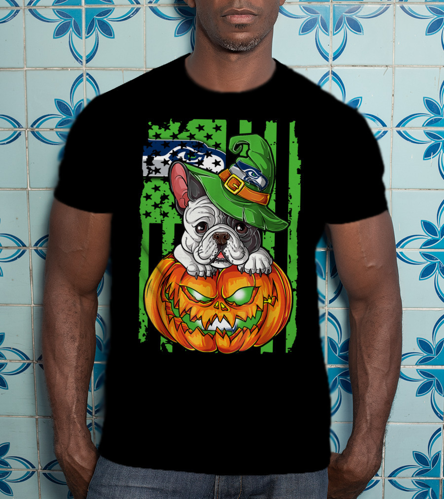 Hlw Bulldog Seattle Seahawks Halloween Pumpkin Wizard Hat T-Shirt