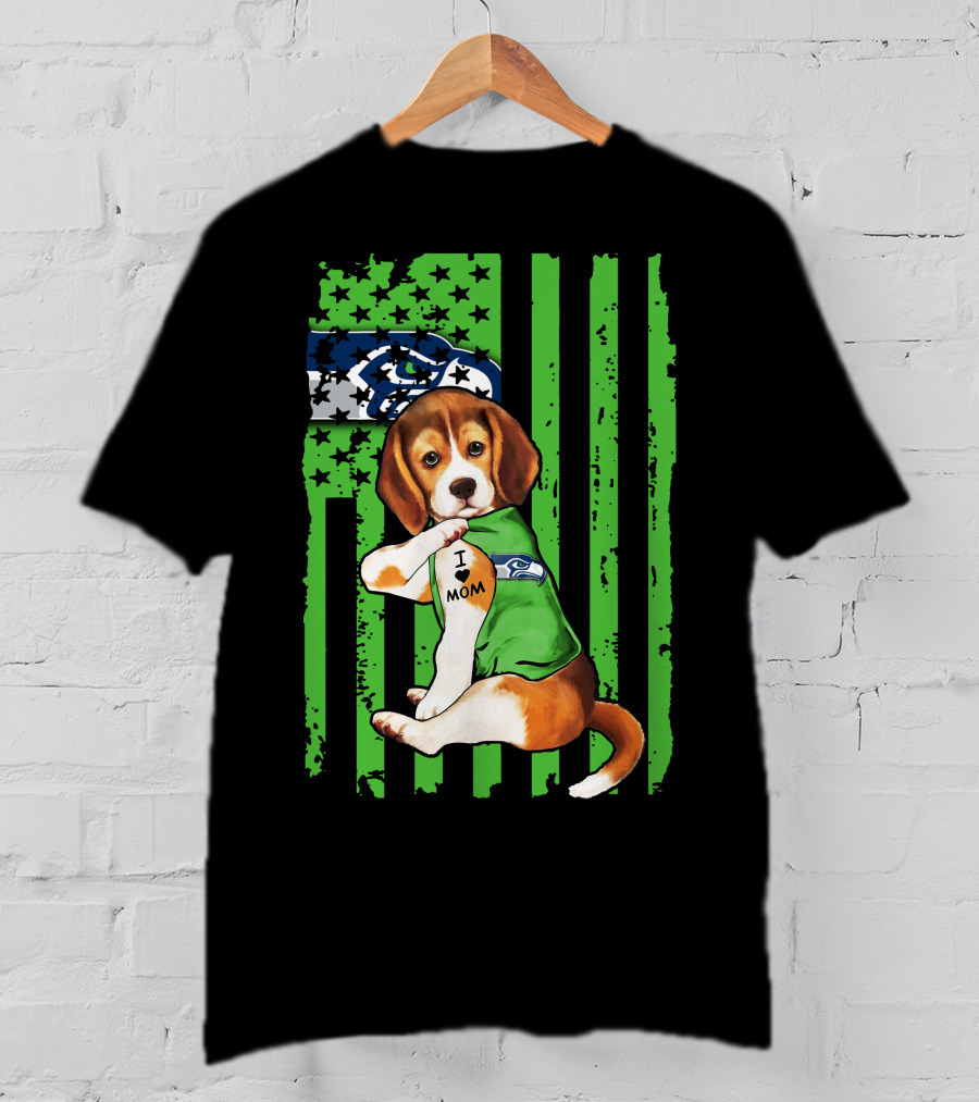 Seattle Seahawks Beagle With I Love Mom Tattoo T-Shirt