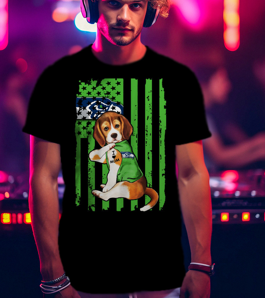Seattle Seahawks Beagle With I Love Mom Tattoo T-Shirt
