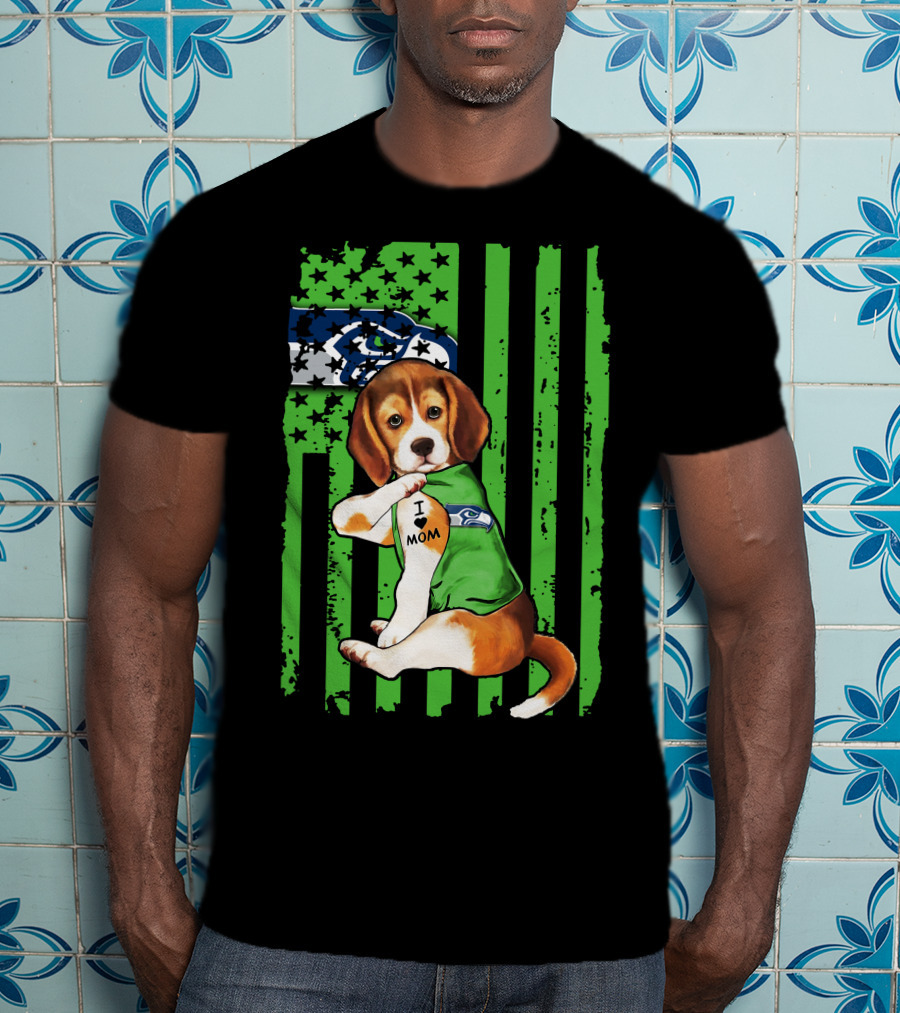 Seattle Seahawks Beagle With I Love Mom Tattoo T-Shirt