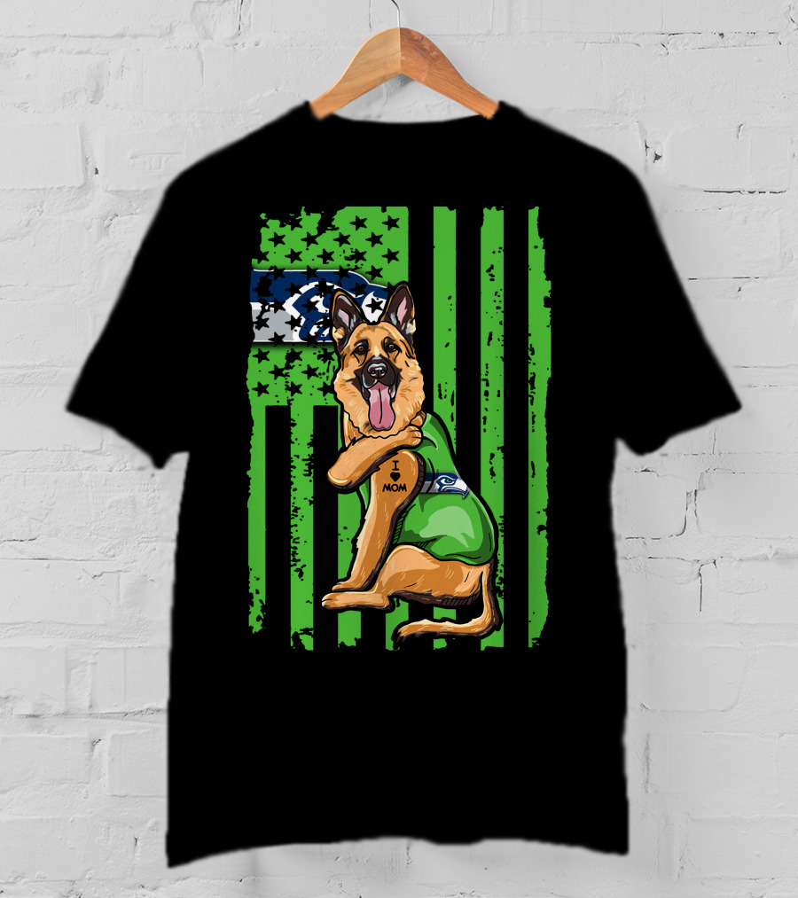 German Shepherd I Love Mom Seattle Seahawks Flag T-Shirt