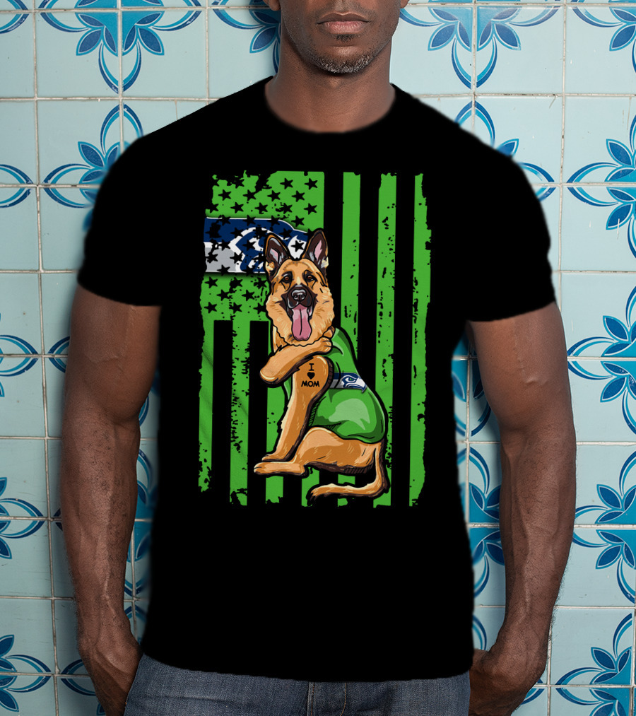 German Shepherd I Love Mom Seattle Seahawks Flag T-Shirt