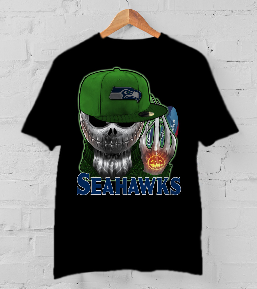 Jackskull In Green Cap Holding Pumpkin Seattle Seahawks T-Shirt