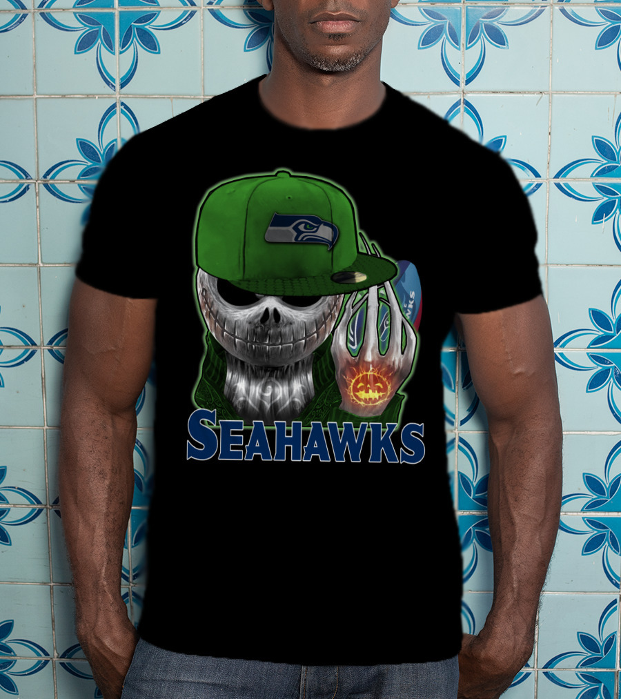 Jackskull In Green Cap Holding Pumpkin Seattle Seahawks T-Shirt