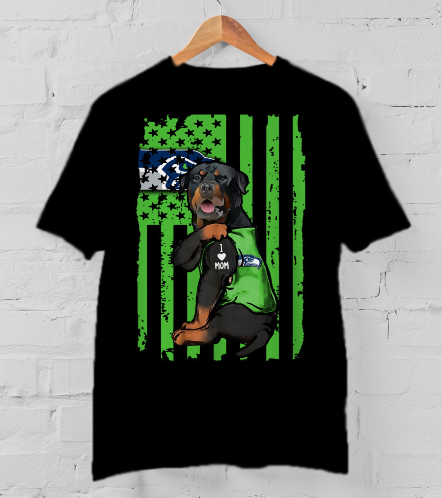 Rottweiler I Love Mom Seattle Seahawks Green Flag T-Shirt