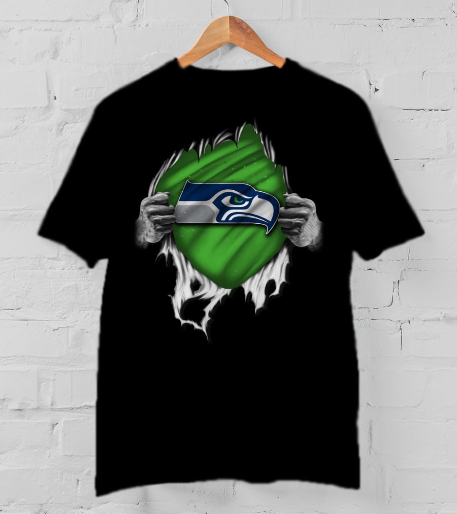 Torn Seattle Seahawks Logo With Green Background And Hands Peeling Fabric T-Shirt