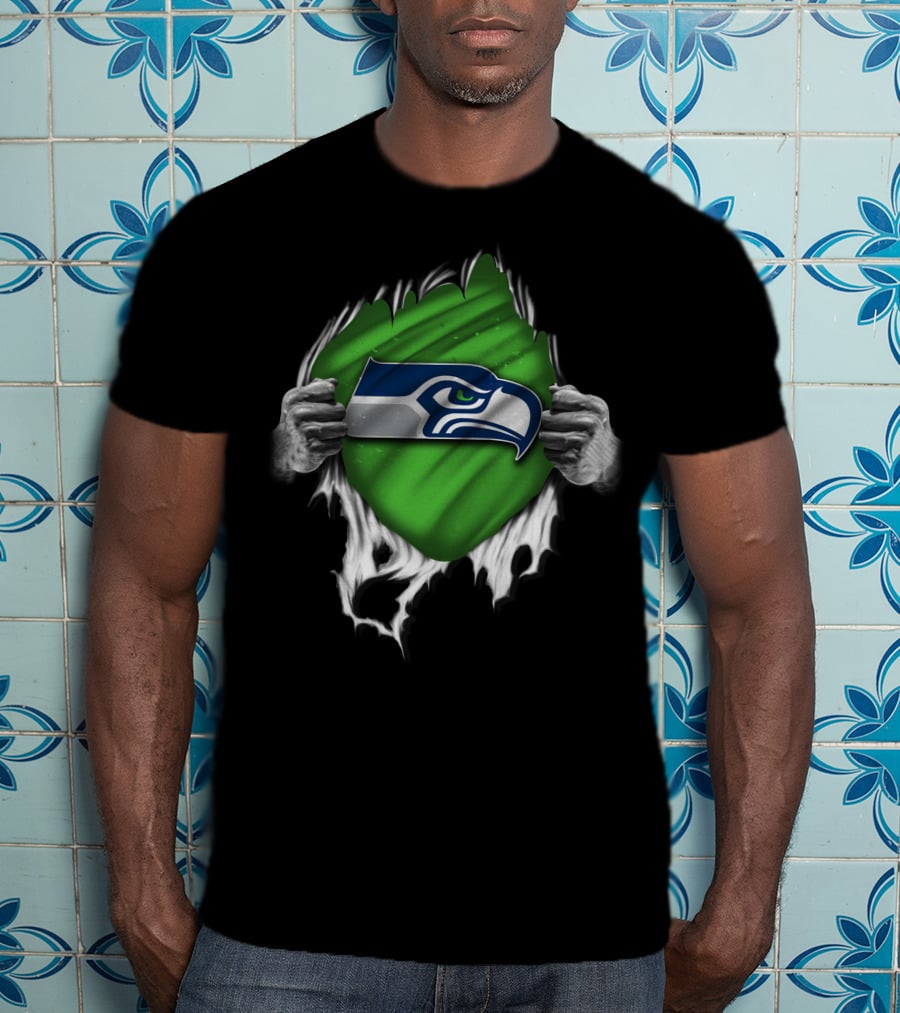 Torn Seattle Seahawks Logo With Green Background And Hands Peeling Fabric T-Shirt