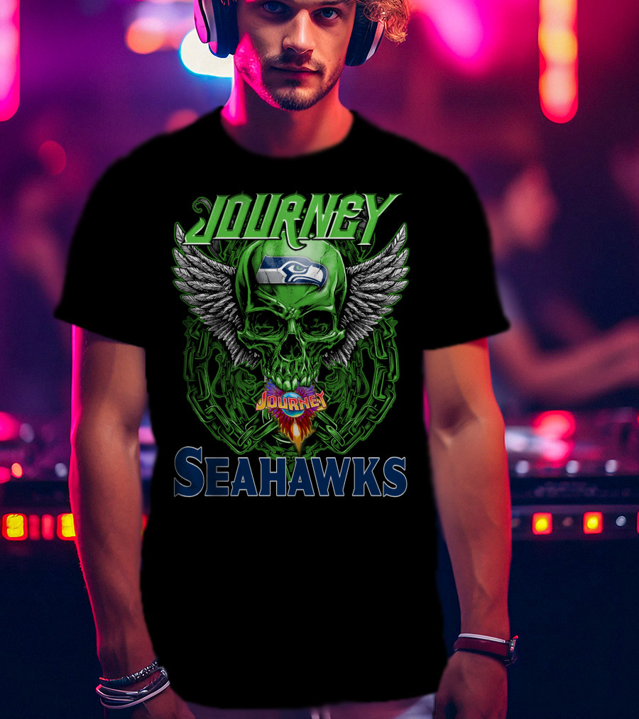 Journey Seattle Seahawks Skull With Wings And Chains T-Shirt