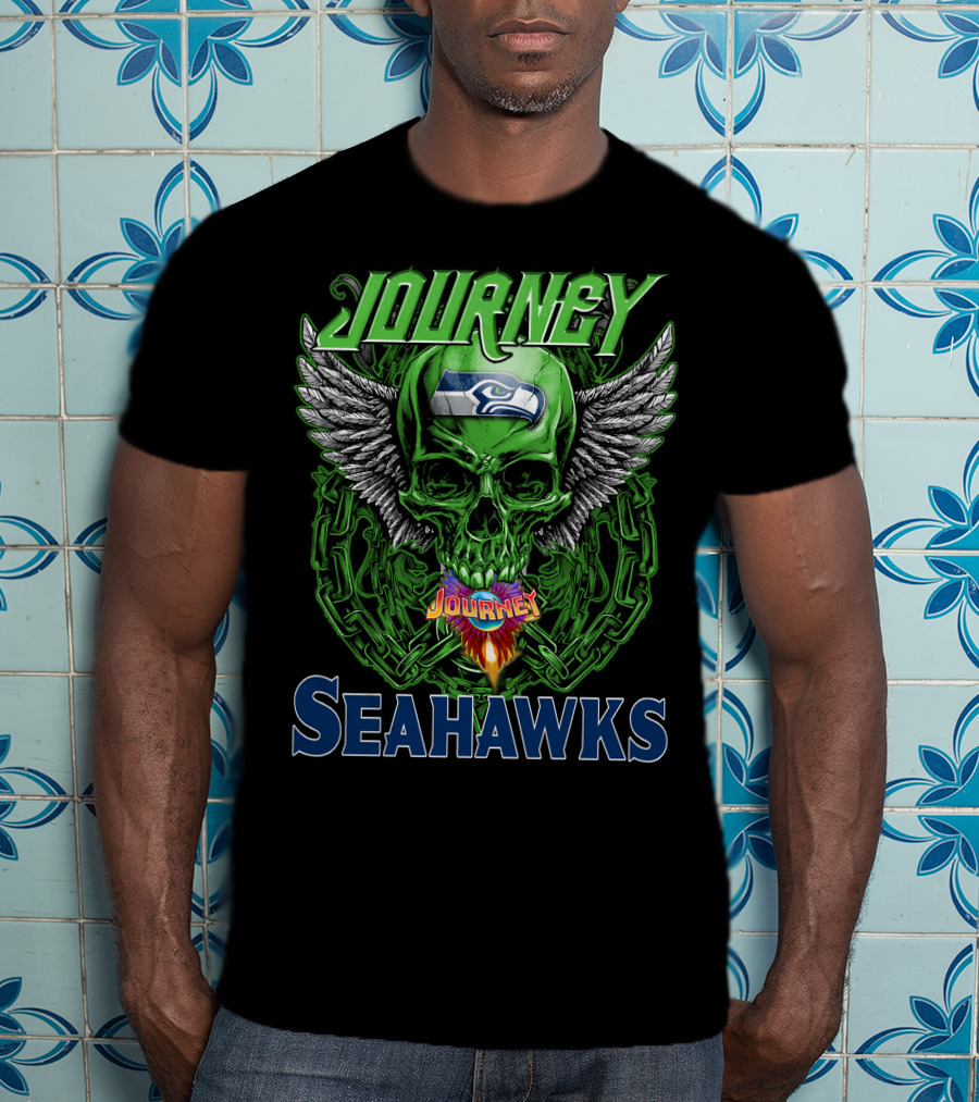 Journey Seattle Seahawks Skull With Wings And Chains T-Shirt