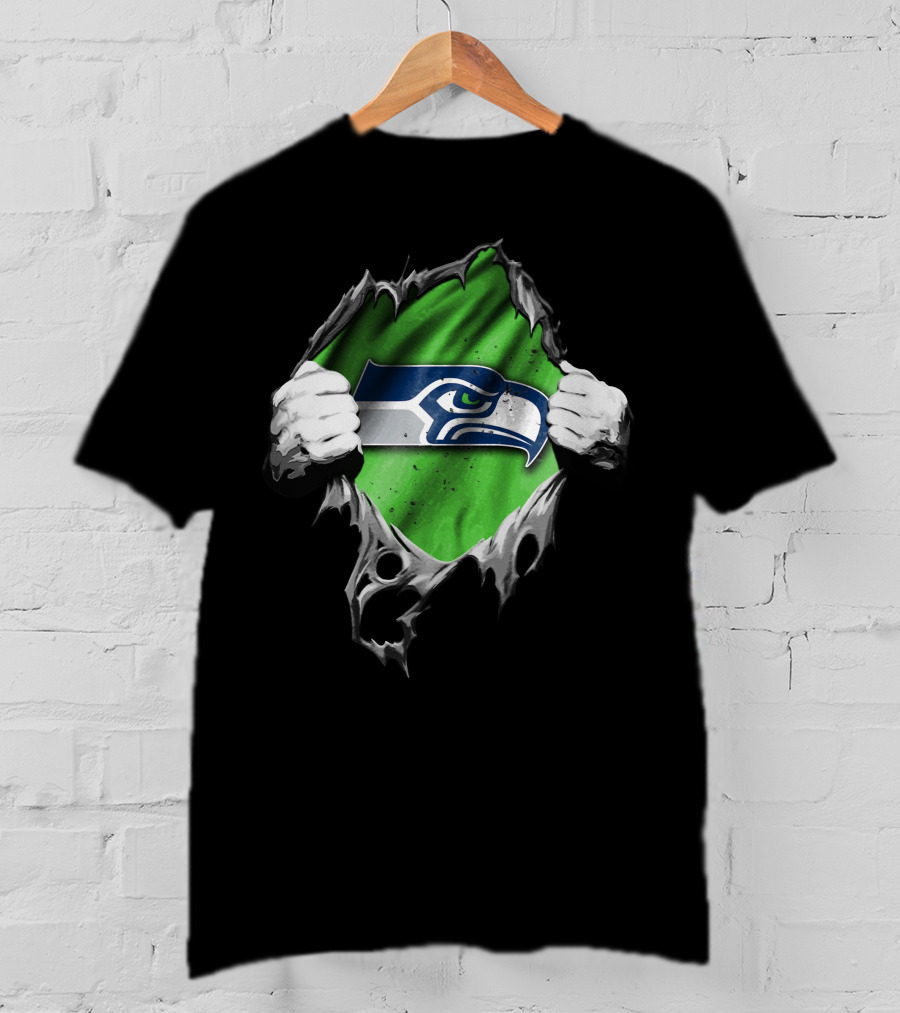 Seattle Seahawks Torn V2 Logo Peeking Through Ripped Fabric T-Shirt