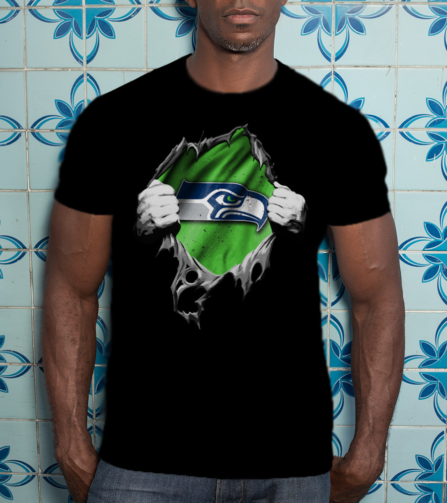 Seattle Seahawks Torn V2 Logo Peeking Through Ripped Fabric T-Shirt