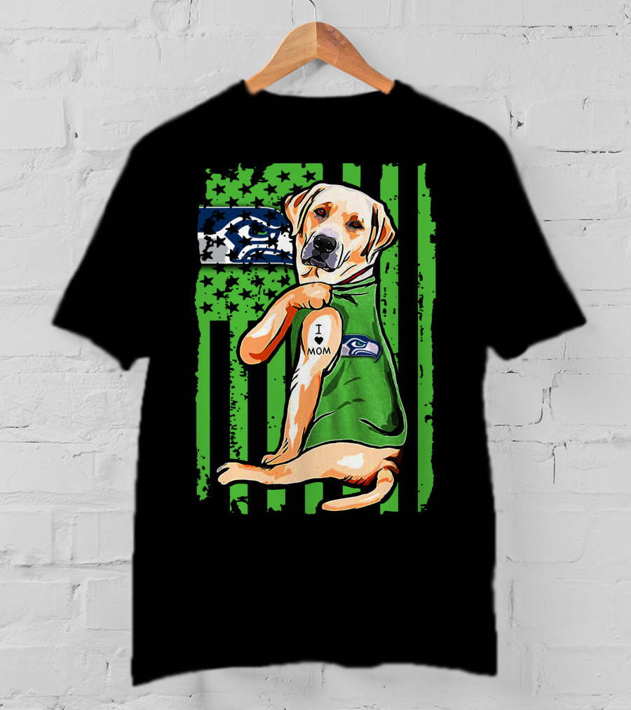 Labrador Retriever Seattle Seahawks Flag I Love Mom Tattoo T-Shirt