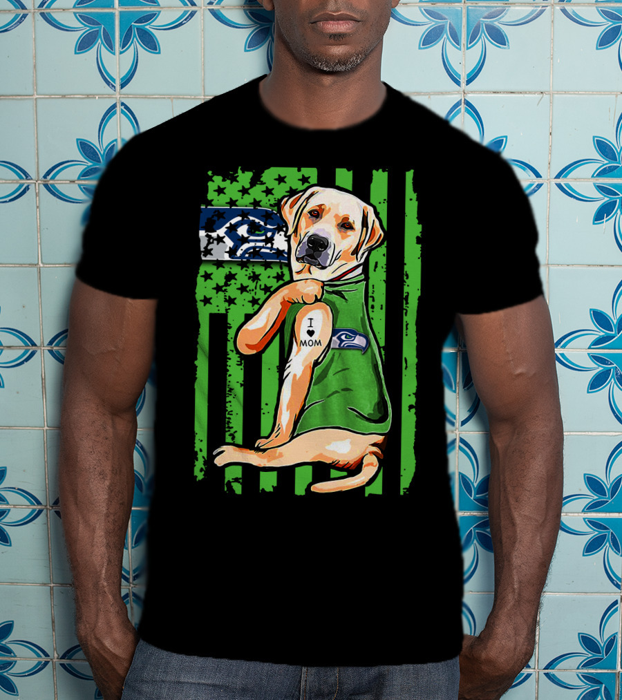 Labrador Retriever Seattle Seahawks Flag I Love Mom Tattoo T-Shirt