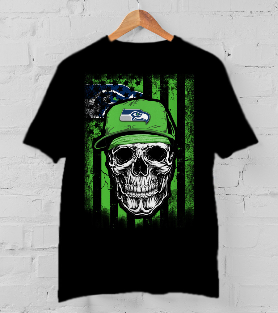 Skull In Seattle Seahawks Cap With Green Stripes And Team T-Shirt