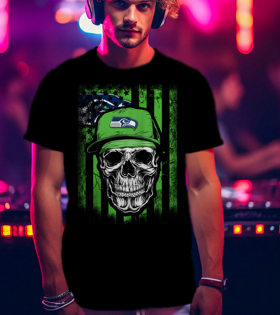 Skull In Seattle Seahawks Cap With Green Stripes And Team T-Shirt