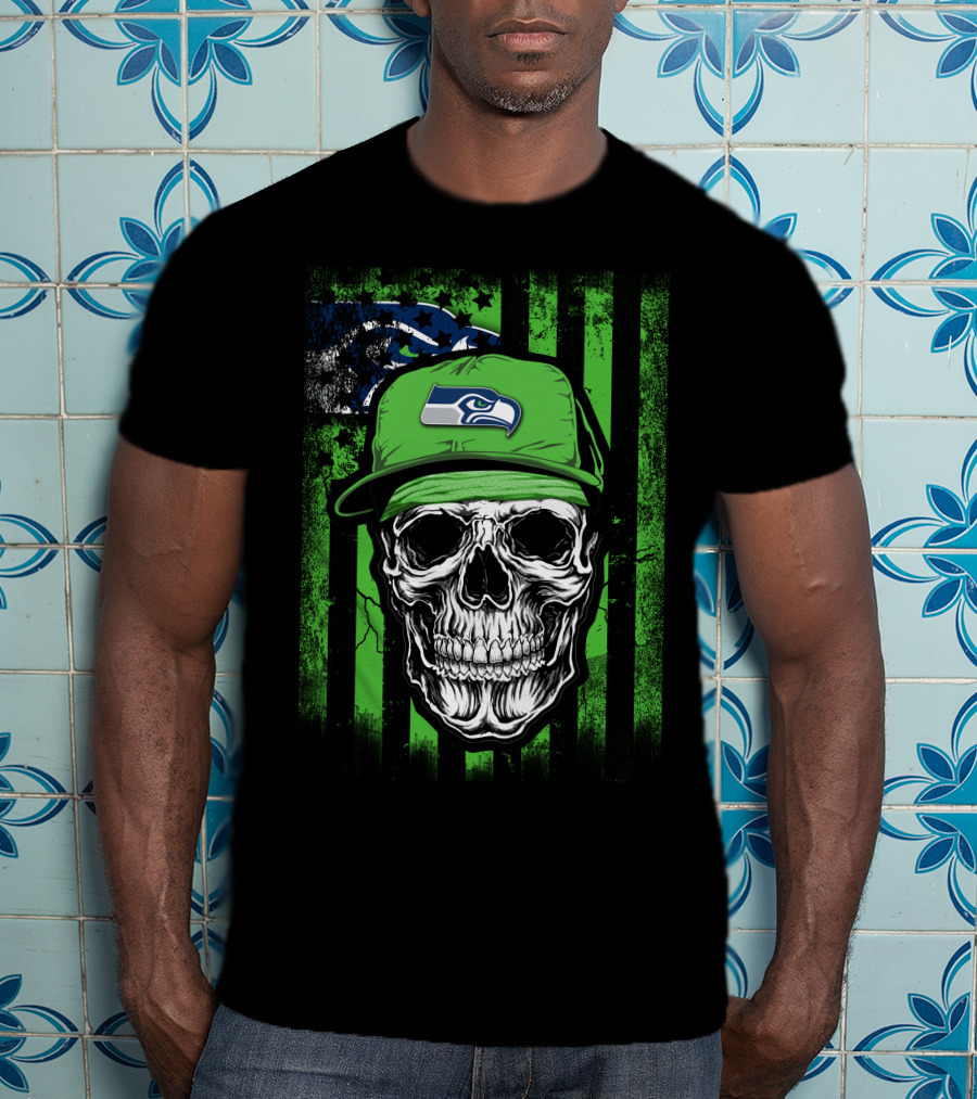 Skull In Seattle Seahawks Cap With Green Stripes And Team T-Shirt