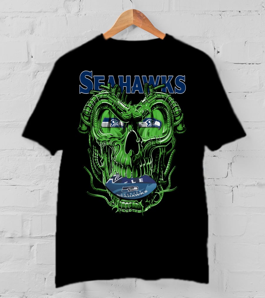 Dragonskull Seahawks Green Skull Design With Seattle Seahawks T-Shirt