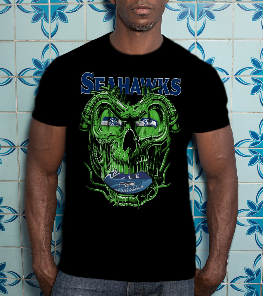 Dragonskull Seahawks Green Skull Design With Seattle Seahawks T-Shirt
