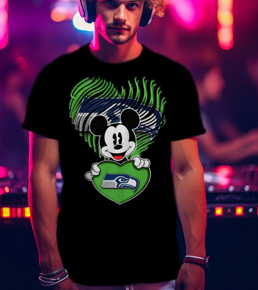 Mickey Mouse Heart Green With Seattle Seahawks T-Shirt