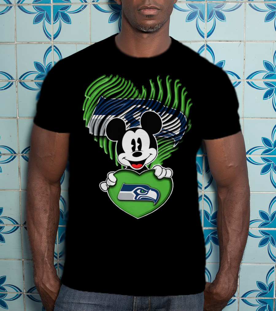 Mickey Mouse Heart Green With Seattle Seahawks T-Shirt