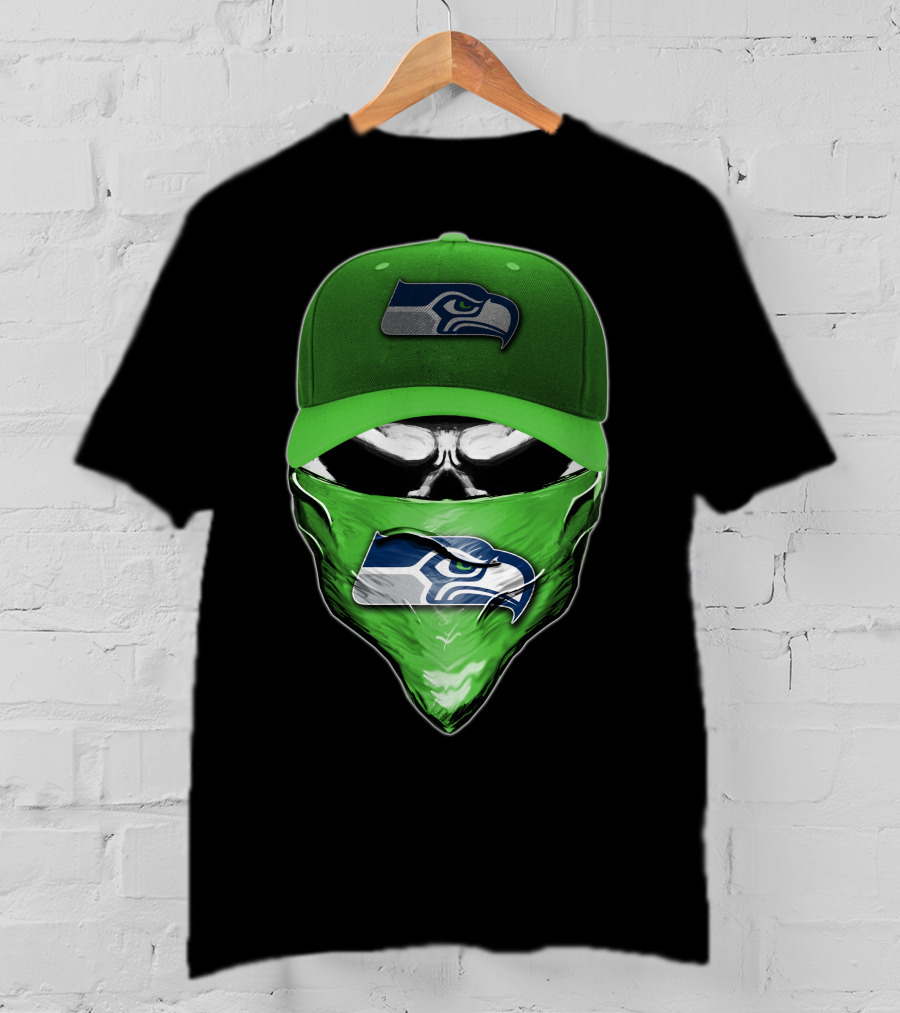 Skull V6 Seattle Seahawks Logo On Green Cap And Bandana T-Shirt