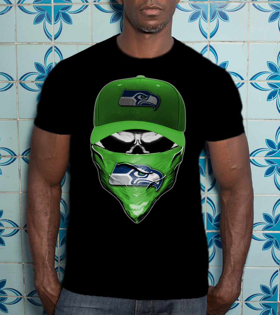 Skull V6 Seattle Seahawks Logo On Green Cap And Bandana T-Shirt