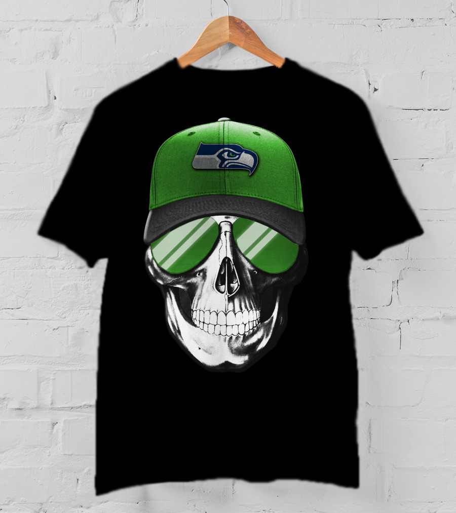 Skull V7 Seattle Seahawks Green Hat And Sunglasses T-Shirt