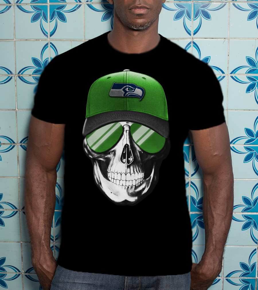 Skull V7 Seattle Seahawks Green Hat And Sunglasses T-Shirt