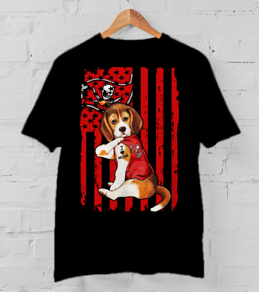 Beagle Puppy Tampa Bay Buccaneers I Love Mom Tattoo Patriotic Flag T-Shirt