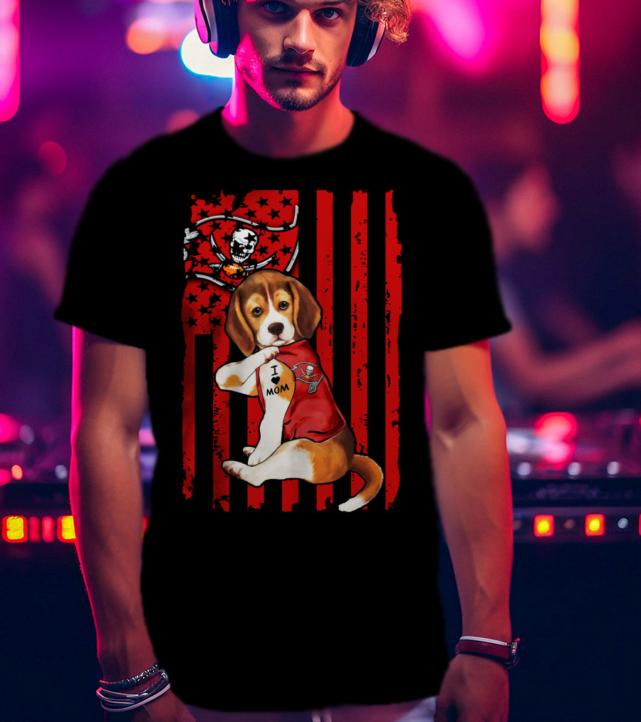 Beagle Puppy Tampa Bay Buccaneers I Love Mom Tattoo Patriotic Flag T-Shirt