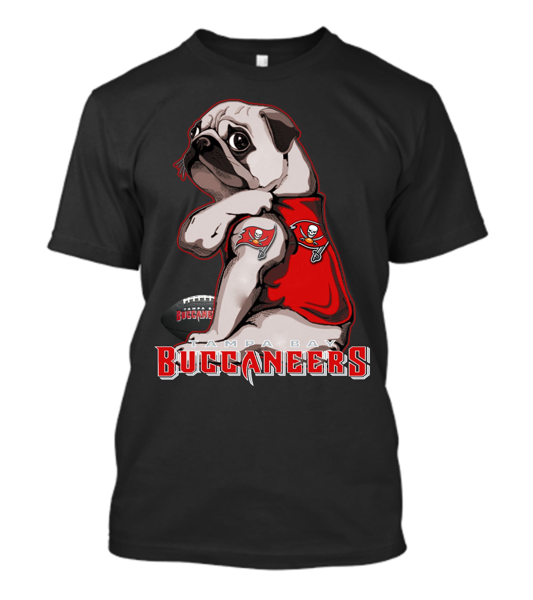 Pug Wearing Tampa Bay Buccaneers Jersey With Football T-Shirt