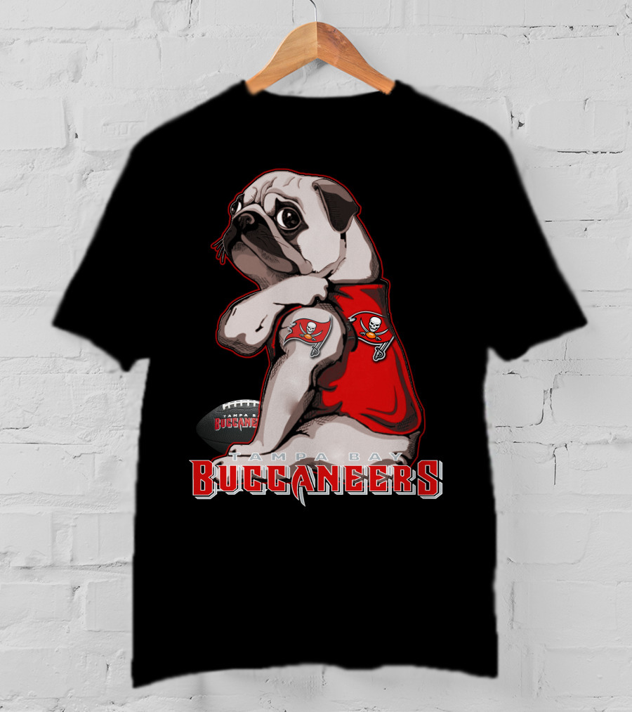 Pug Wearing Tampa Bay Buccaneers Jersey With Football T-Shirt