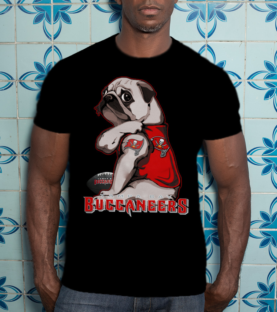 Pug Wearing Tampa Bay Buccaneers Jersey With Football T-Shirt