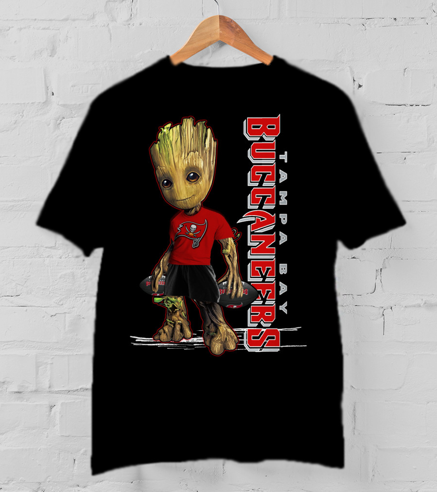 Groot In Tampa Bay Buccaneers Gear Standing With Football T-Shirt