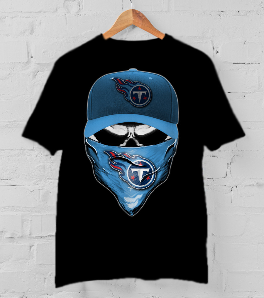 Skull V6 Tennessee Titans Logo Blue Hat And Bandana T-Shirt