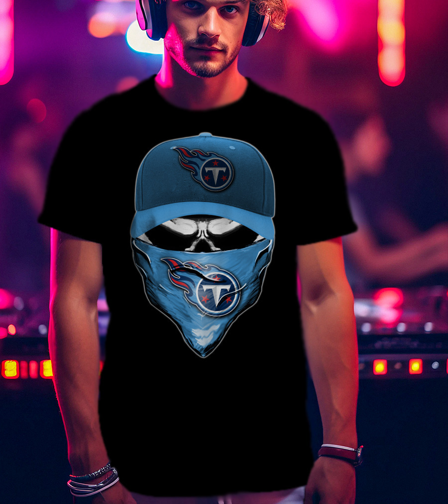 Skull V6 Tennessee Titans Logo Blue Hat And Bandana T-Shirt