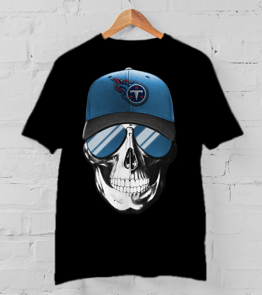 Skull With Tennessee Titans Logo Blue Cap And Sunglasses T-Shirt
