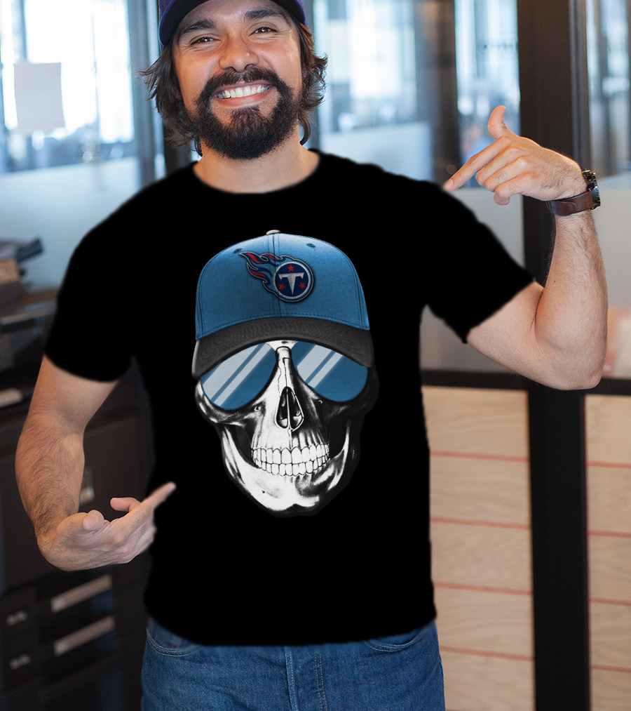 Skull With Tennessee Titans Logo Blue Cap And Sunglasses T-Shirt