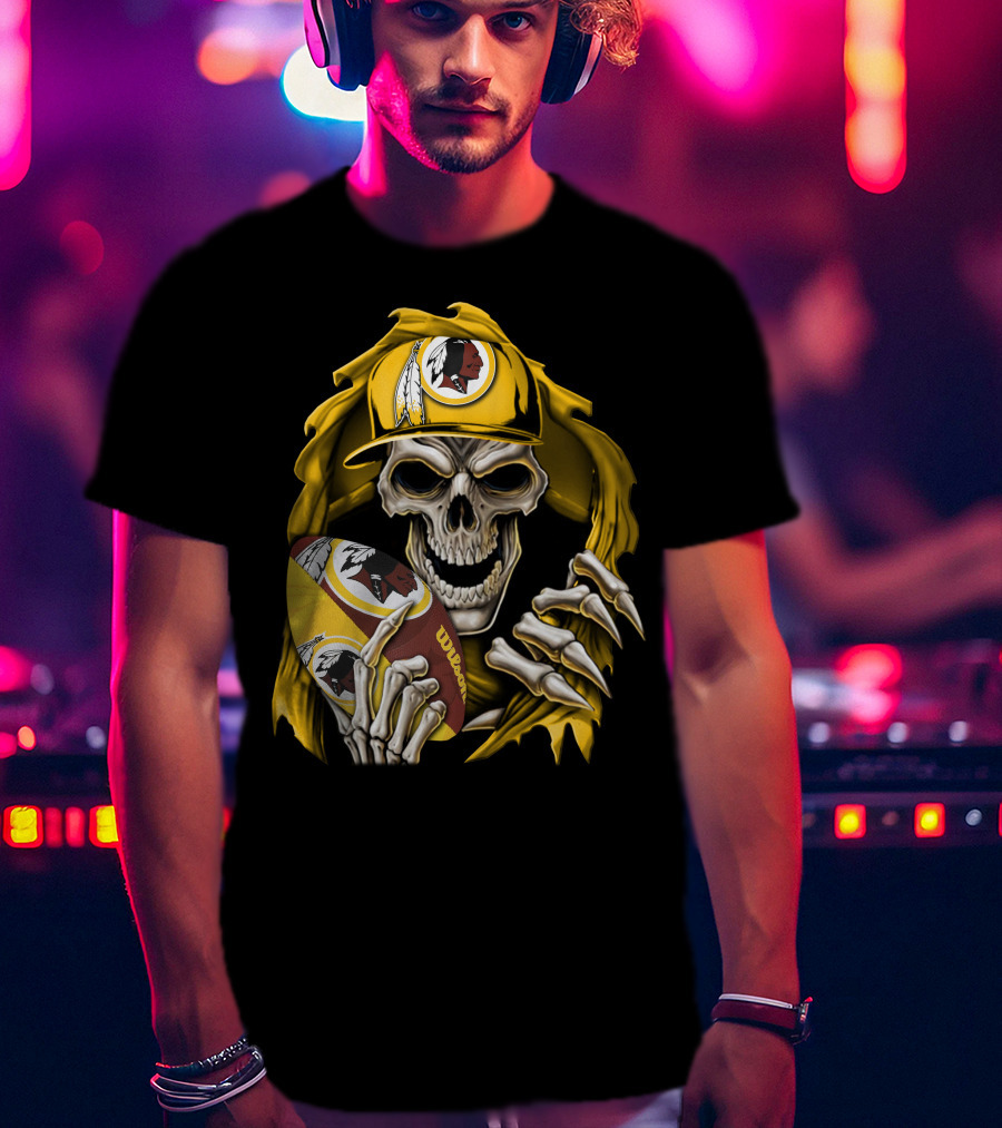 Skullbong Washington Redskins Skeleton Holding Football With Logo And Yellow Cap T-Shirt