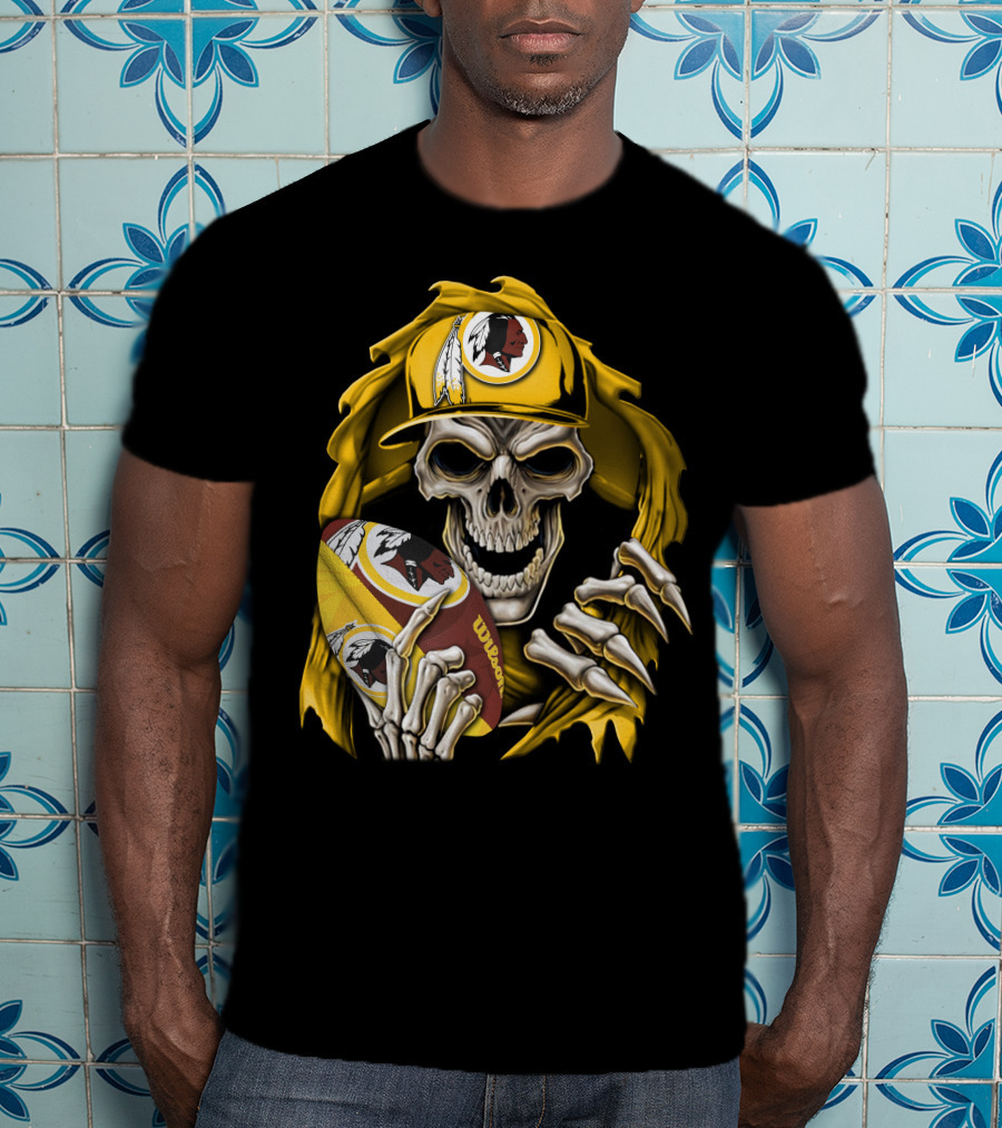 Skullbong Washington Redskins Skeleton Holding Football With Logo And Yellow Cap T-Shirt