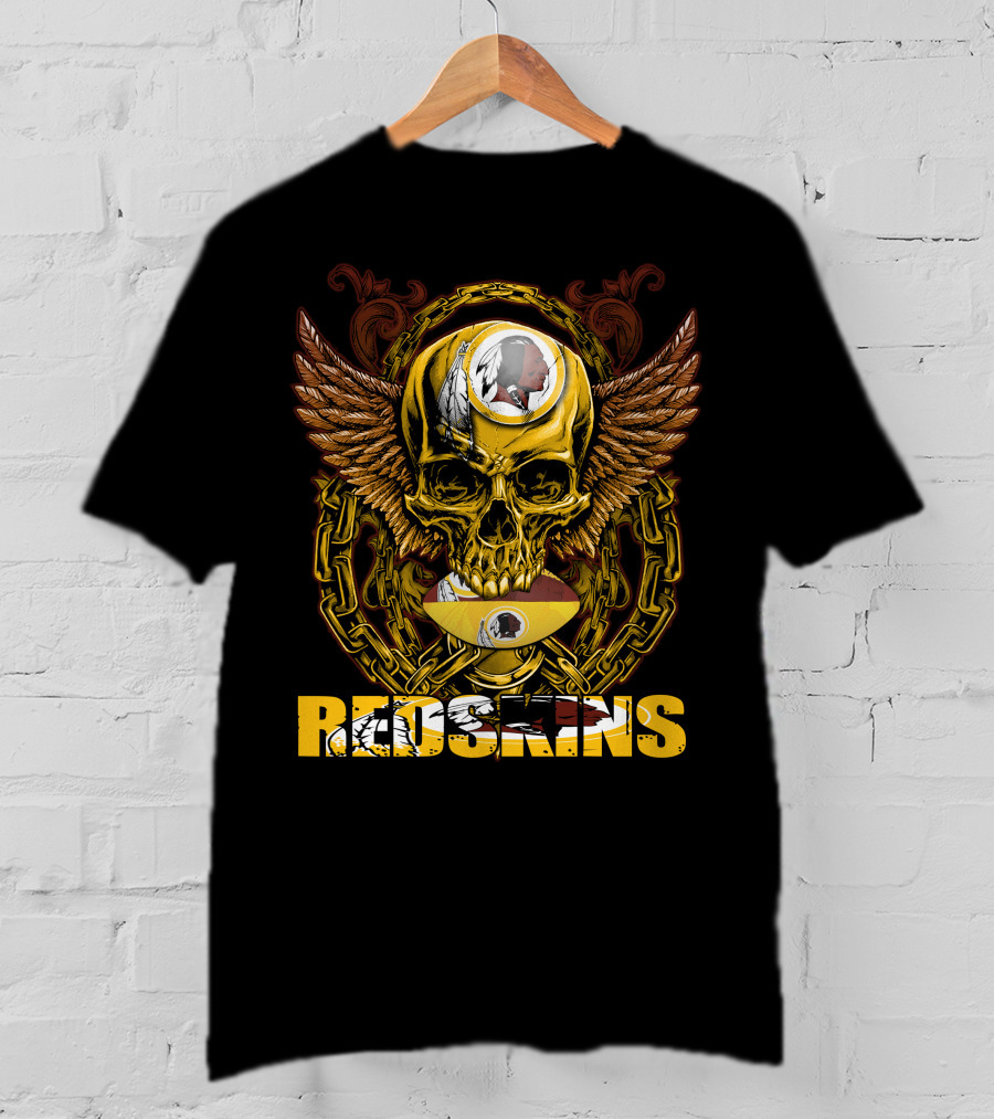 Redskins Skullfb Winged Skull Chains Feathers Football Helmet T-Shirt
