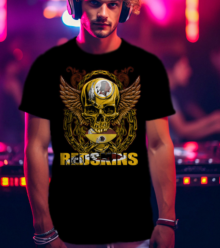 Redskins Skullfb Winged Skull Chains Feathers Football Helmet T-Shirt